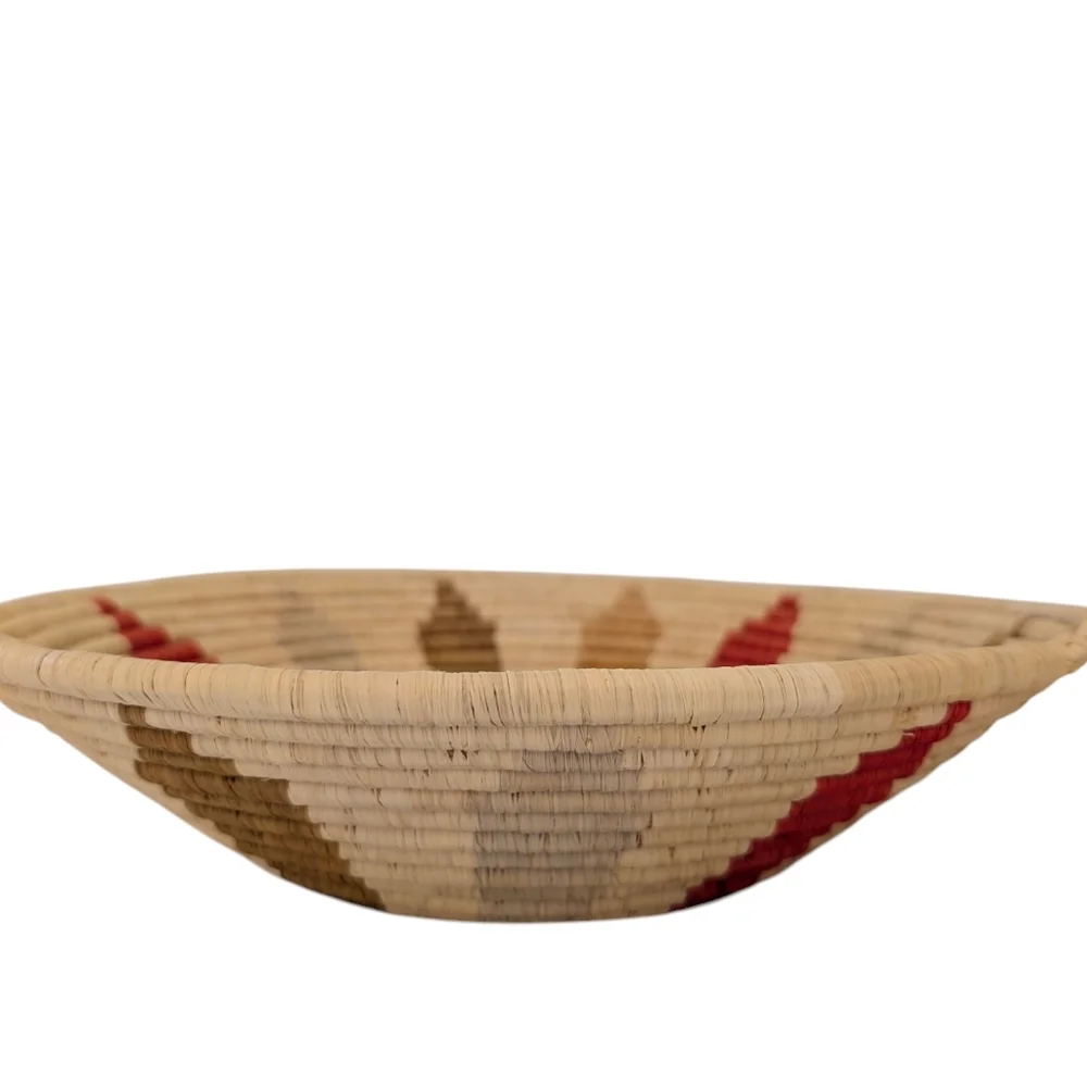 VINTAGE Handwoven Ghana Basket Tray Round African Woven Bowl Red Tan Blue 14